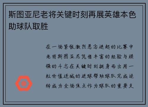 斯图亚尼老将关键时刻再展英雄本色助球队取胜